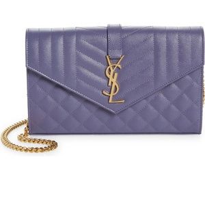 YSL Envelope Quilted Pebbled Leather Wallet on a Chain - Dark Wine